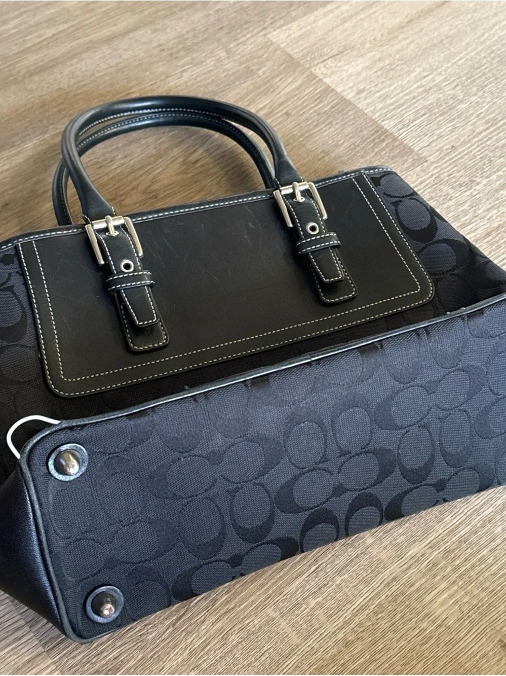 Coach Black Signature Satchel with Leather Trim and Top Handles